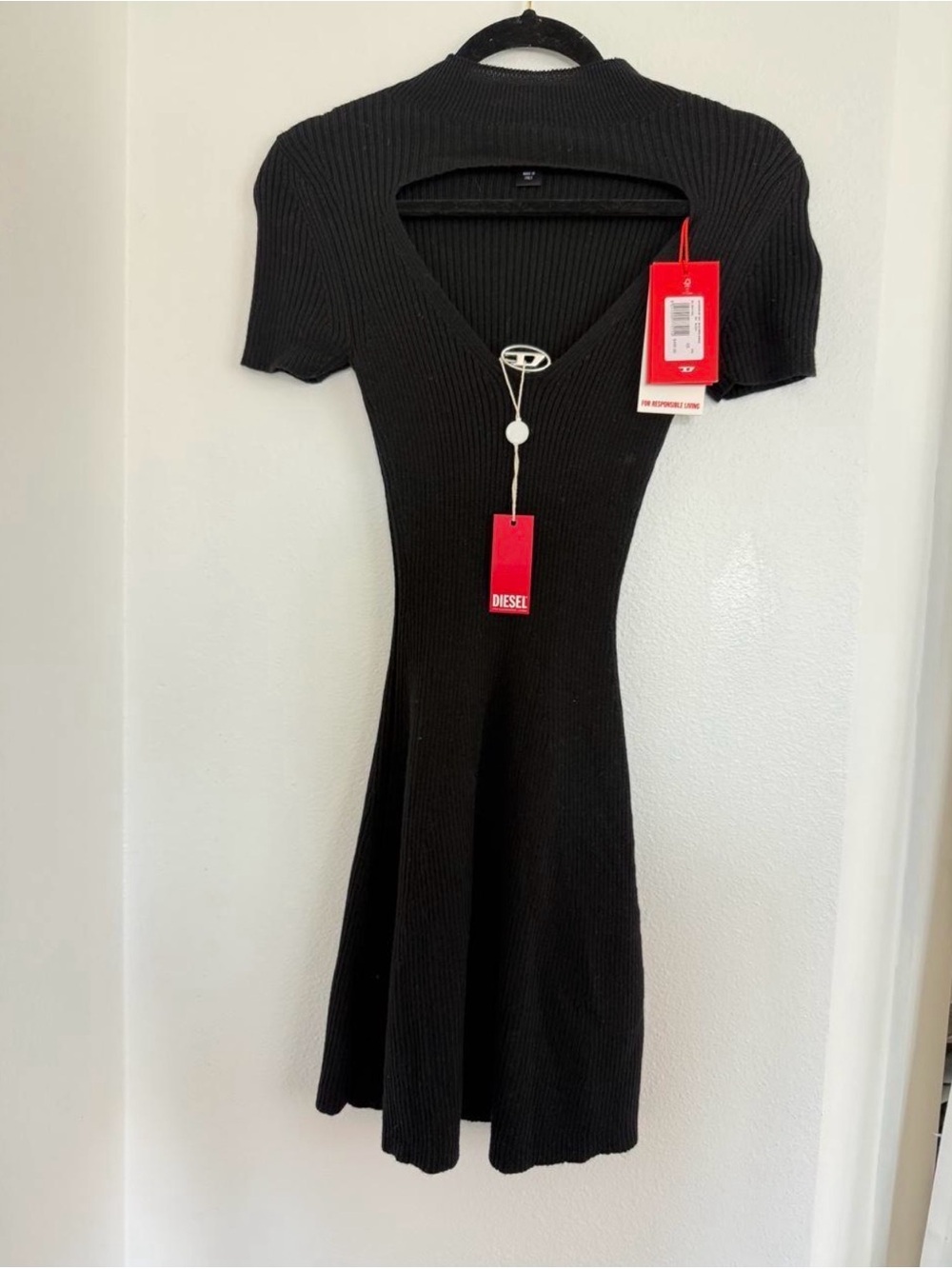 Diesel Black Ribbed High Neck, Open Front Cut Short Sleeve Mini Dress